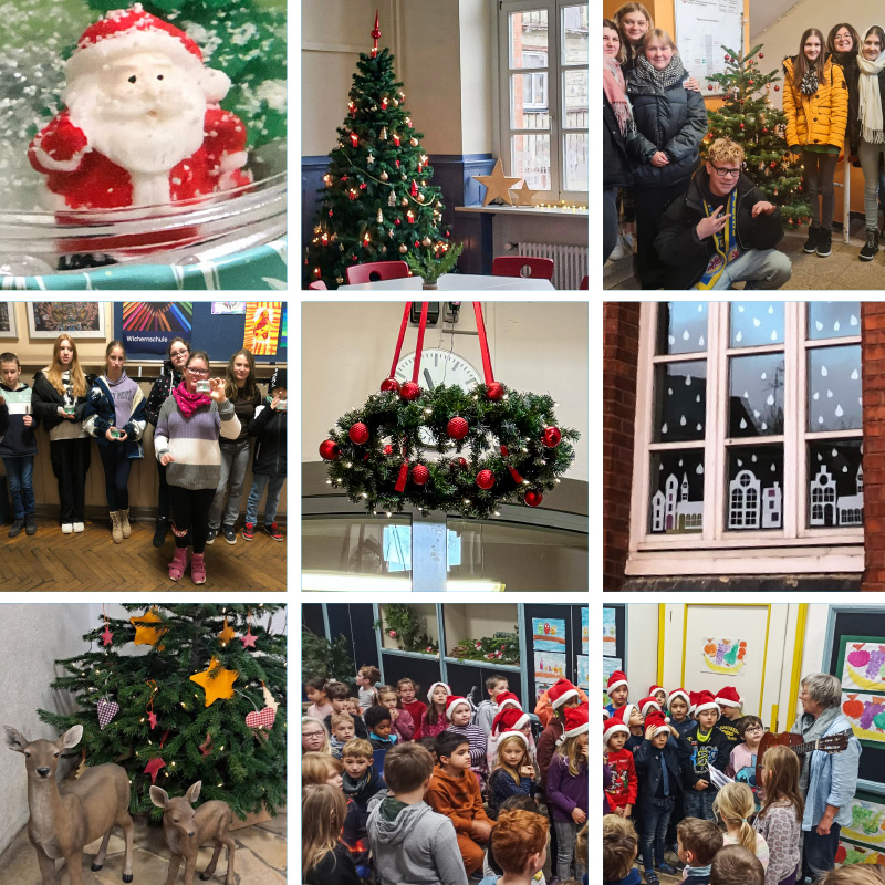 6 Fotos der Schueler und Schuelerinnen mit ihren Schneekugeln, Fensterbilder, Weihnachtsbaum in der Mensa sowie Adventskranz im Treppenaufgang
