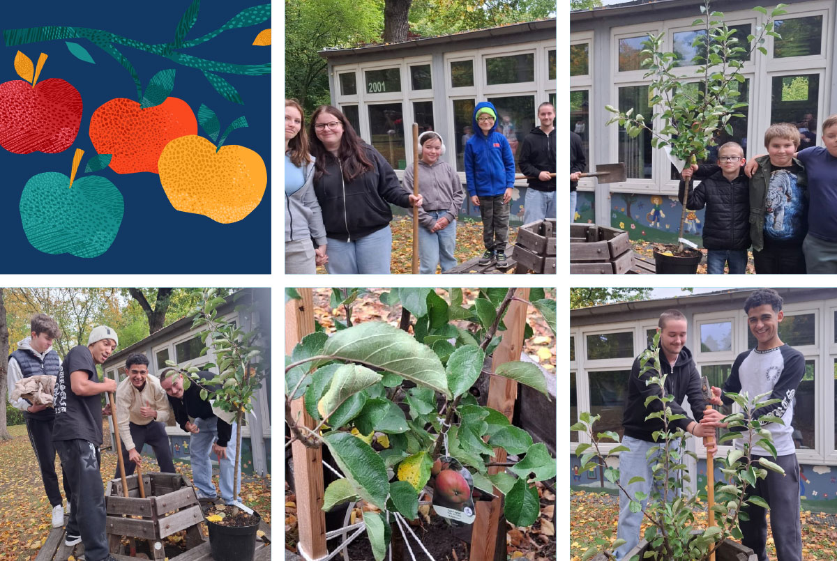 Schulerinnen und Schueler mit einem kleinen Apfelbaum vor dem Pavillon der Wichernschule