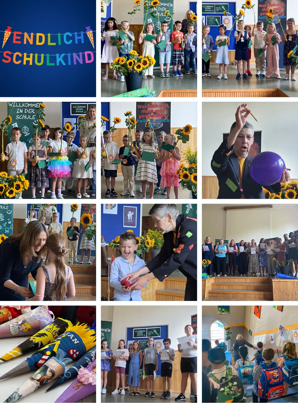 Schuelerinnen, Schueler und Lehrer den 1. Klassen in der Aula, Gruppenfotos, Zauberin