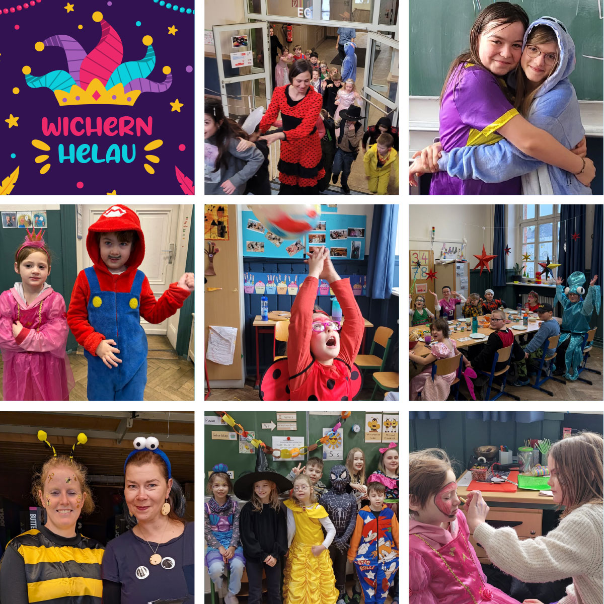 Schuelerinnen und Schueler mit Faschingskostuemen