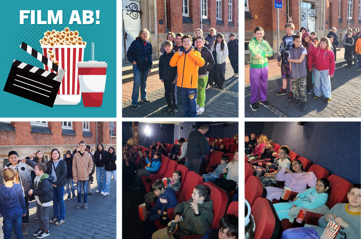 Schulklassen vor der Wichernschule bereit zum Abmarsch und im Roxy Kino Helmstedt