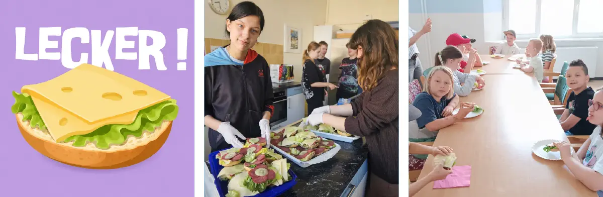 Schuelerinnen und Schuelern beim Zubereiten und beim Essen