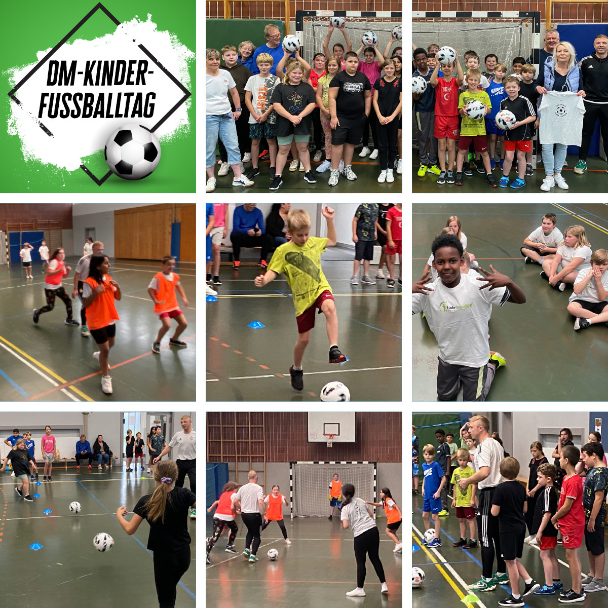 Fotoserie aus der Sporthalle der Wichernschule: Schuelerinnen und Schueler beim Fussballtraining und im Spiel.