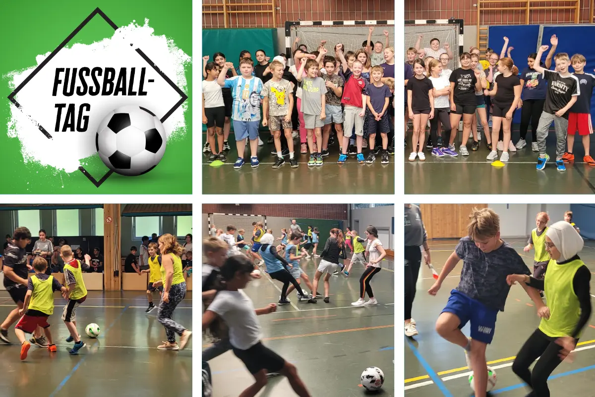 Schuelerinnen und Schueler in der Sporthalle beim Aufwaermen, Spielen und mit Teamfoto vor de Tor