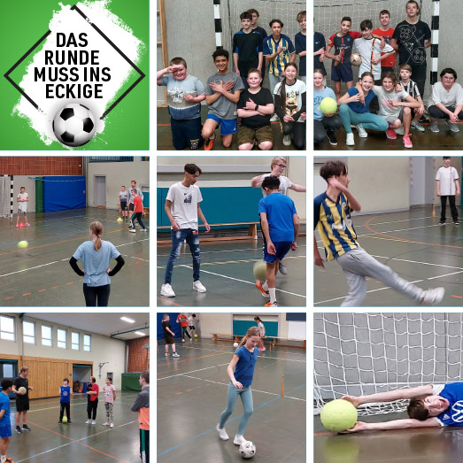Schülerinnen und Schüler spielen Fußball in der Sporthalle der Wichernschule Helmstedt.