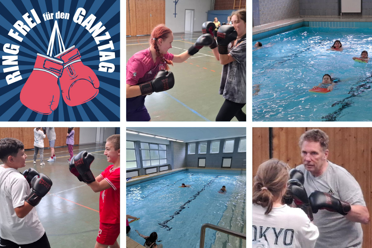 Fotoserie aus der Sporthalle und dem Lehrschwimmbecken der Wichernschule: Schuelerinnen und Schueler beim Boxen und Schwimmen.