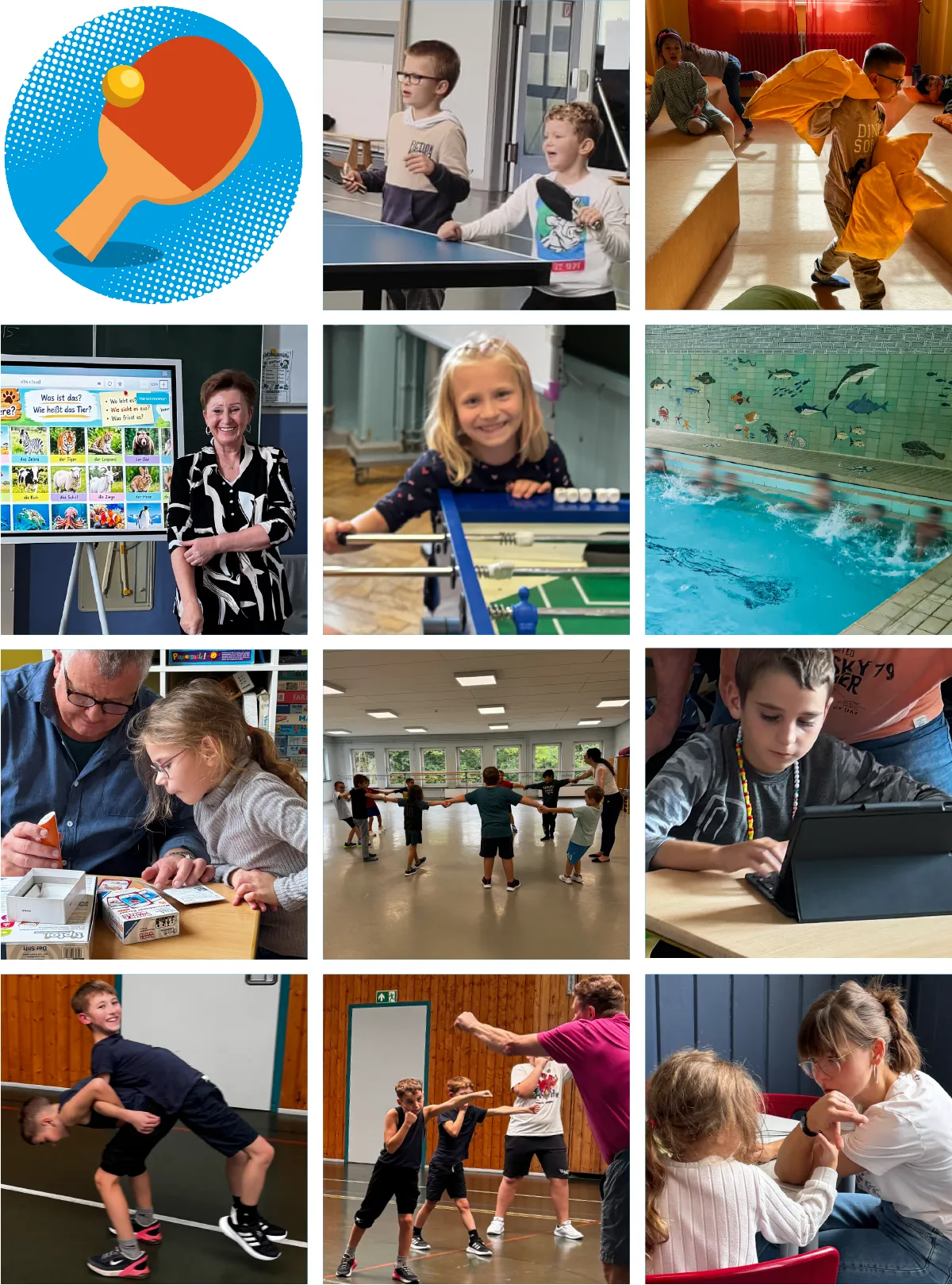 Schuelerinnen, Schueler der Hauptschule Helmstedt bei verschiedenen Ganztagsaktivitaeten: Tischtennis, iPad-Kurs, Schwimmen, Bewegungskurs, Boxen etc.