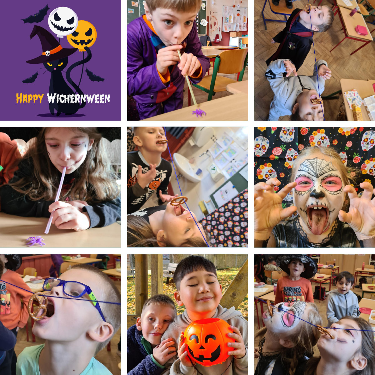 Schulerinnen und Schueler mit Halloween-Verkleidung machen Mundmotorik-Uebungen