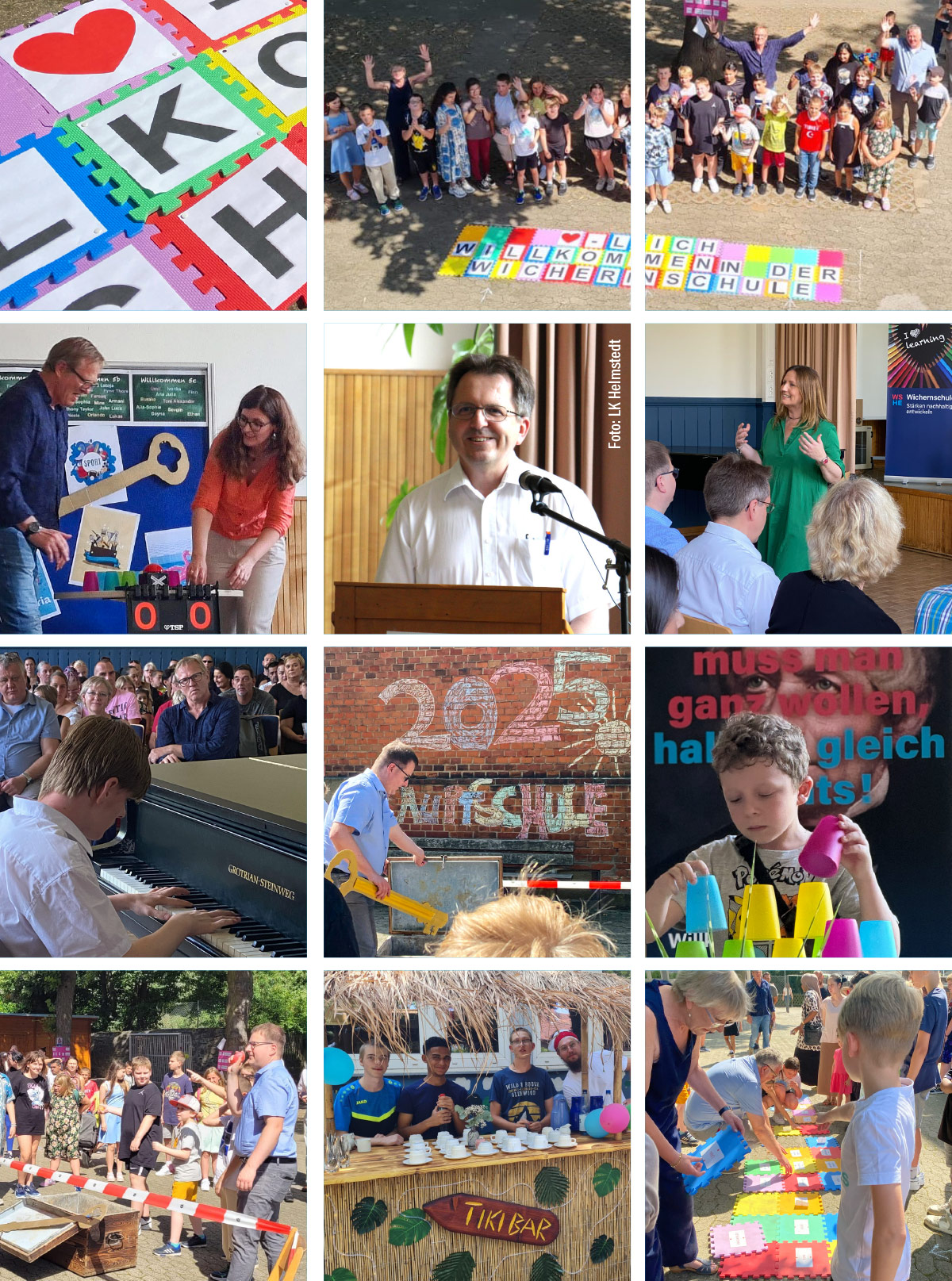 Fotoserie der Hauptschuleröffnung: Schüler, Eltern, Lehrer, Schulleiterin Leslie Sagebiel, Erster Kreisrat Torsten Wendt, Vetreter des Schulamtes in der Aula und auf dem Schulhof.