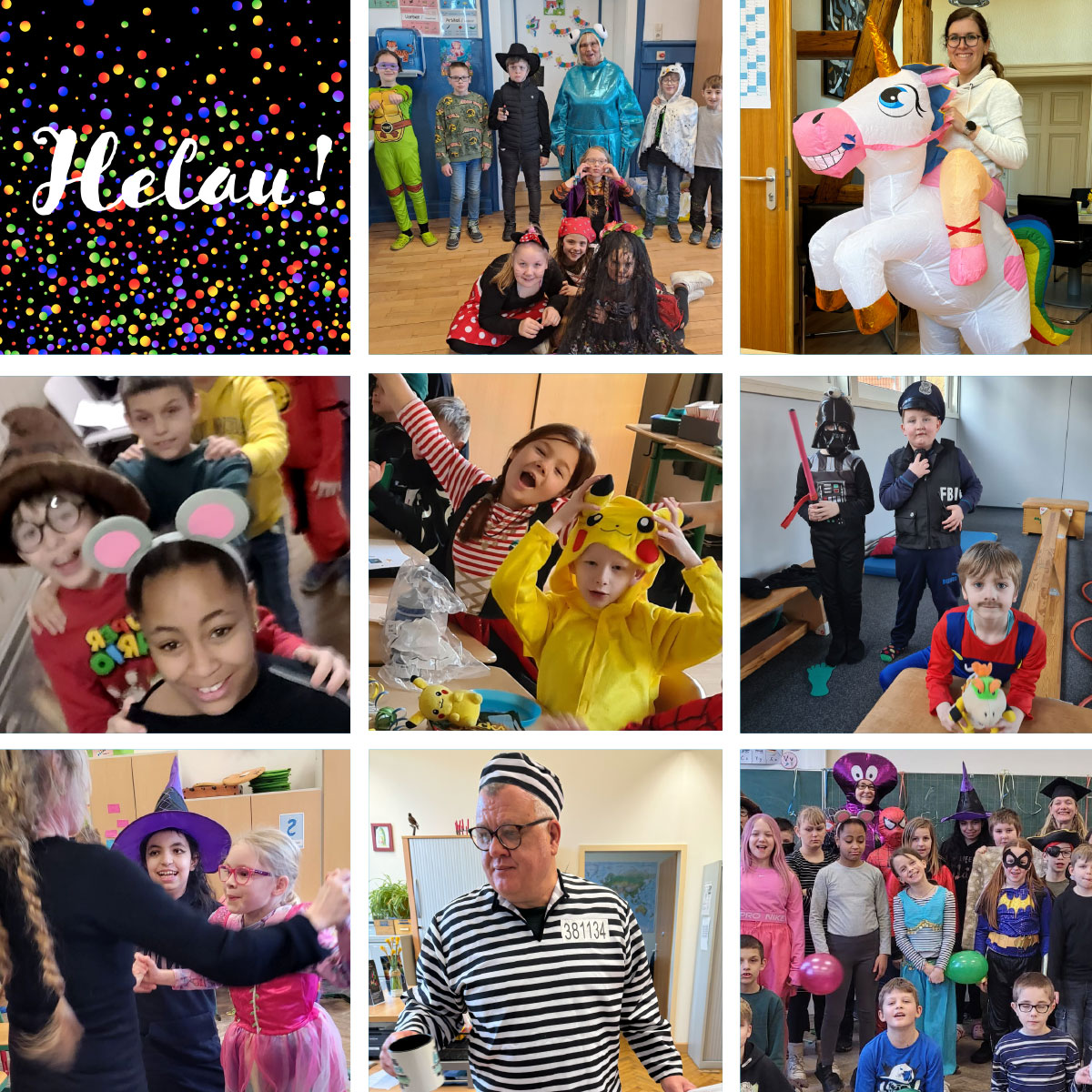 Grundschueler und Lehrer der Wichernschule in ihren Faschingskostuemen, zum Beispiel Einhorn, Kruemelmonster, Pokemon ...