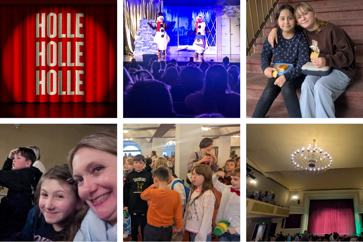 Schulerinnen und Schueler im Brunnentheater sowie ein Buehnenbild mit Schneemann