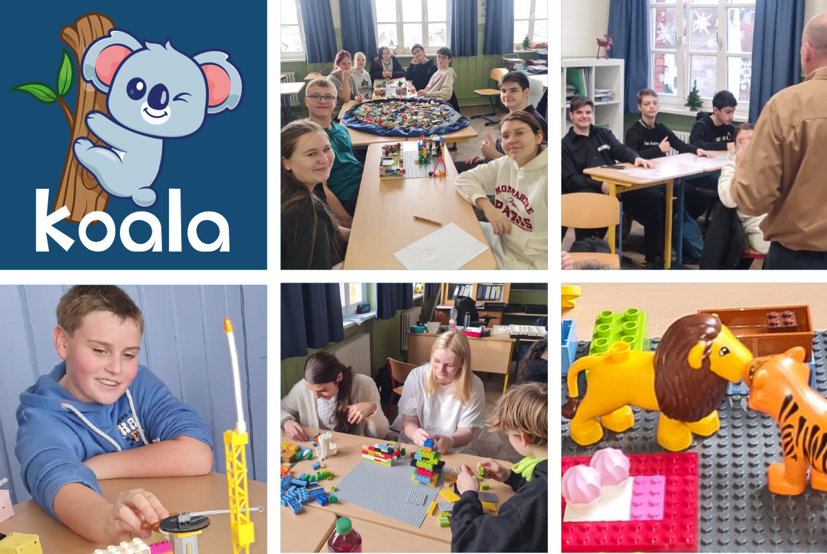 Schuelerinnen und Schueler im Klassenraum beim Konstruieren mit Lego-Bausteinen