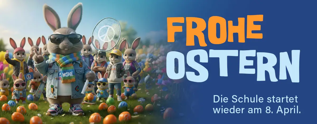 KI-Osterhase zwischen vielen kleinen Osterhasen auf Blumenwiese mit bunten Eiern. Der Hase haelt einen Badmintonschaeger mit Peace-Zeichen. Im Bild steht der Text Frohe Ostern. Die Schule beginnt wieder am 8 April.