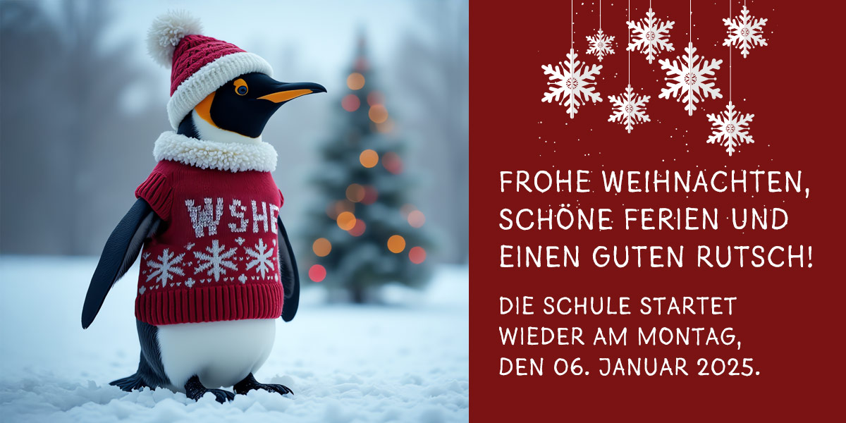 KI-Pinguin mit WSHE Pullover im Schnee