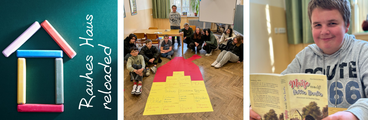 Schuelerinnen und Schueler beim Lesen und beim Kleben des Hauses