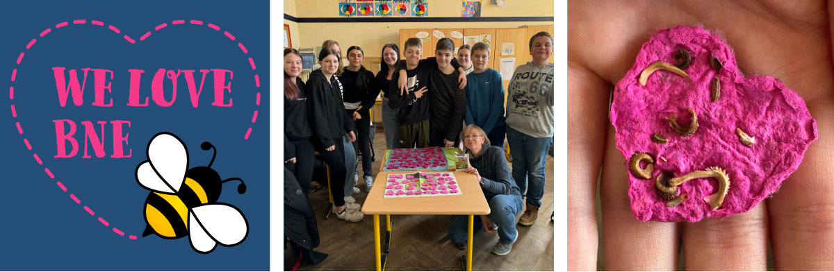 Die Klasse praesentiert ihre Saatherzen und eine Detailaufnahme