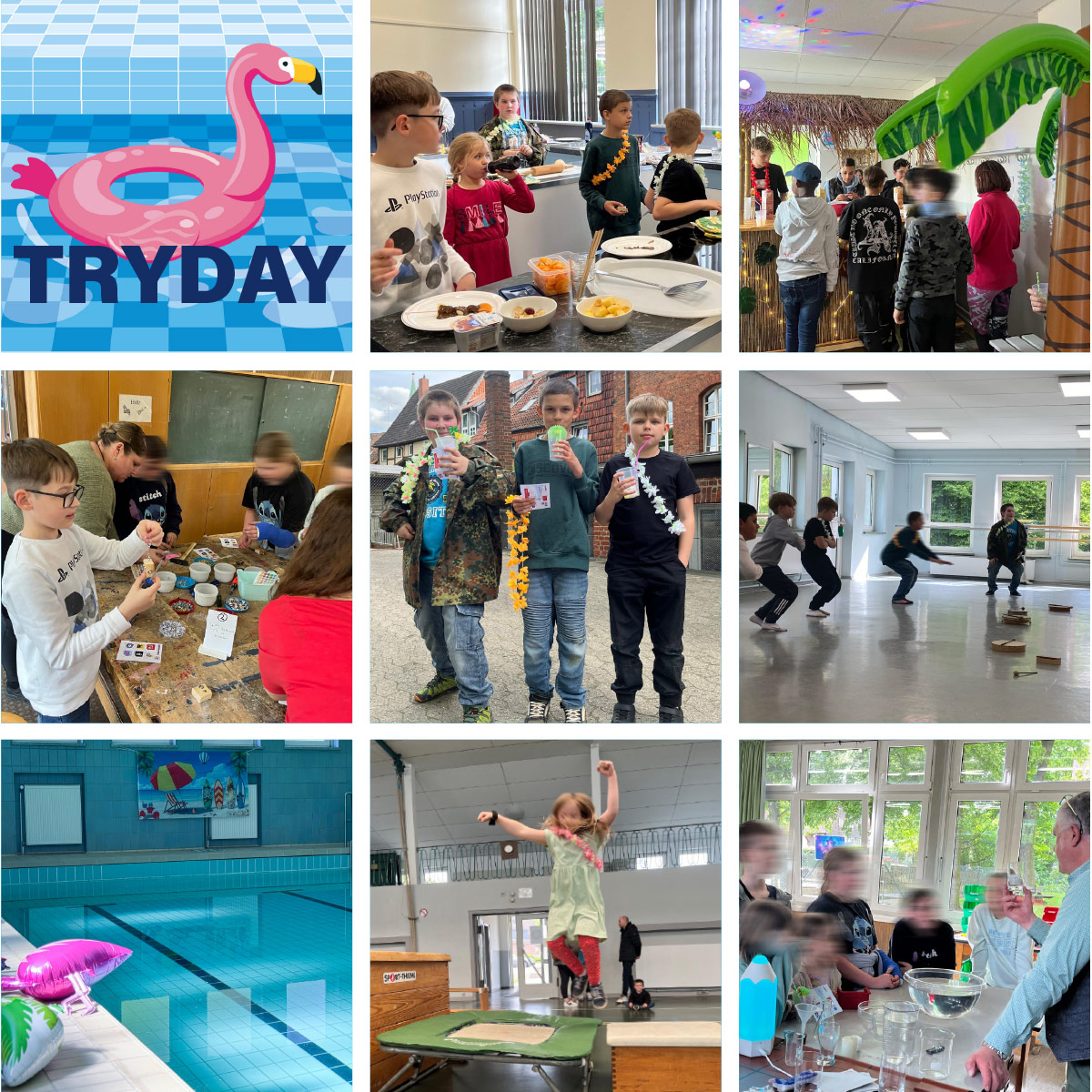 Impressionen vom Schnuppertag mit Werkstatt, Chemieraum, Sportparcours, Schwimmbad und Kuechenaction