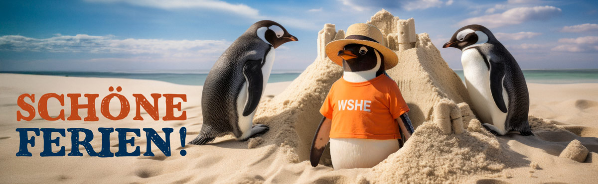 Drei KI-Pinguine bauen am Strand eine Sandburg