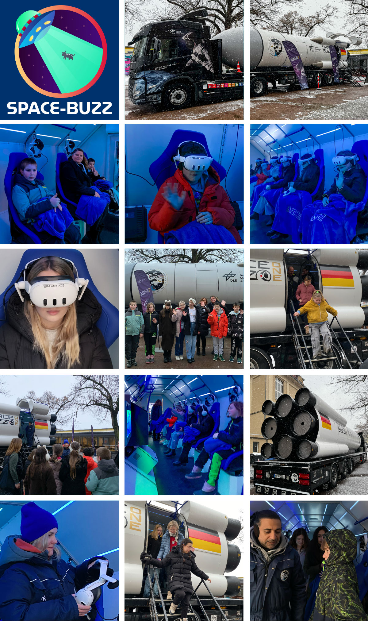 Fotos vom Space-Buzz und Schuelerinnen, Schueler und Lehrkraefte mit VR-Brillen im Space-Buzz