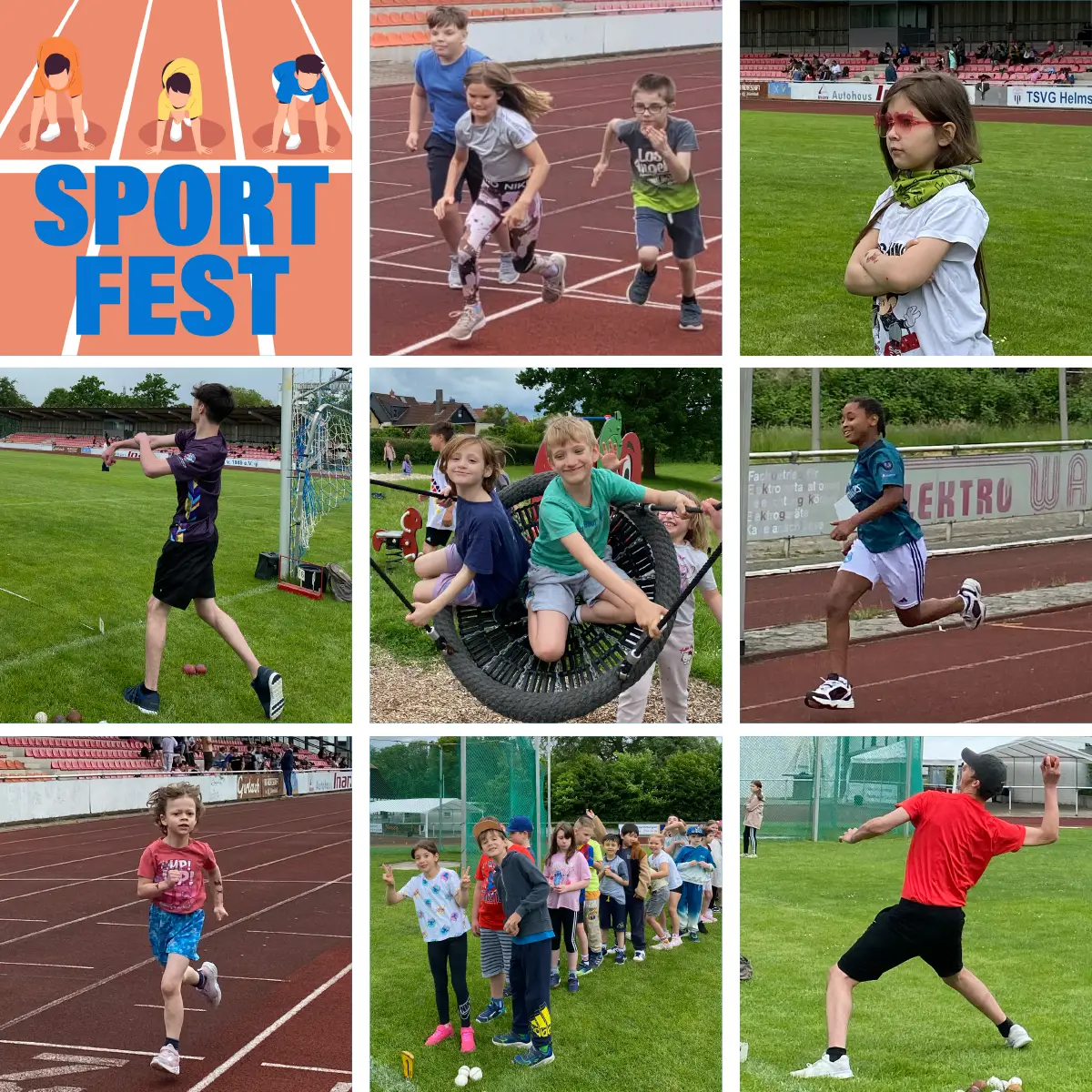 Schuelerinnen und Schuelern beim Laufen, Werfen und Spielen im Sportstadion