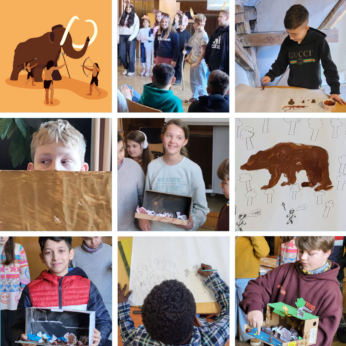 Schuelerinnen und Schueler beim Basteln, Malen und im szenischen Spiel