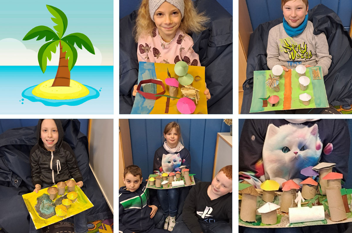 Schuelerinnen und Schueler praesentieren ihre Bastelarbeiten