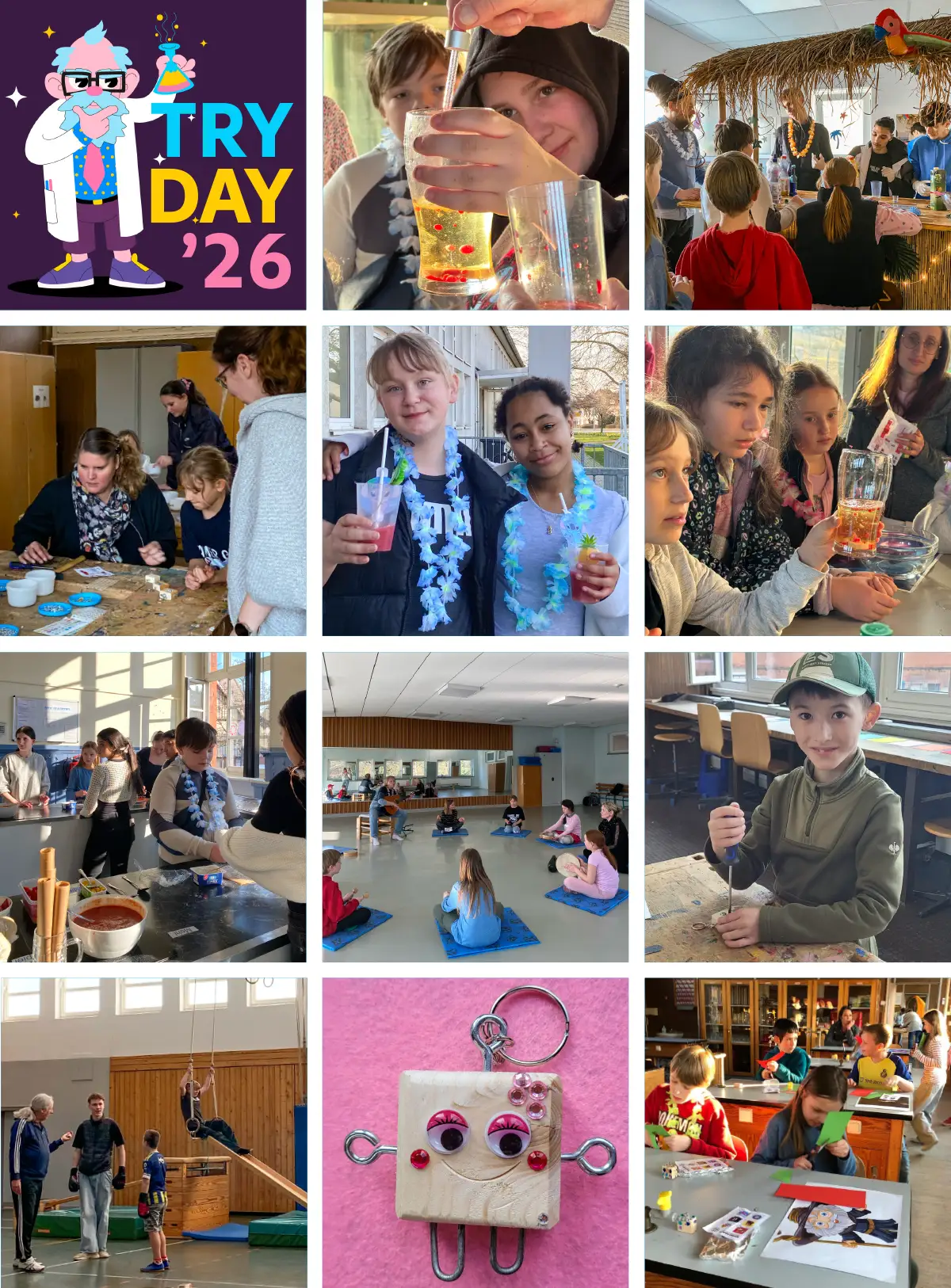 Impressionen des Schnuppertages. Schuelerinnen und Schuler sowie Lehrkraefte an verschiedenen Stationen: Mensa, Schwimmbad, Tanzraum, Chemieraum