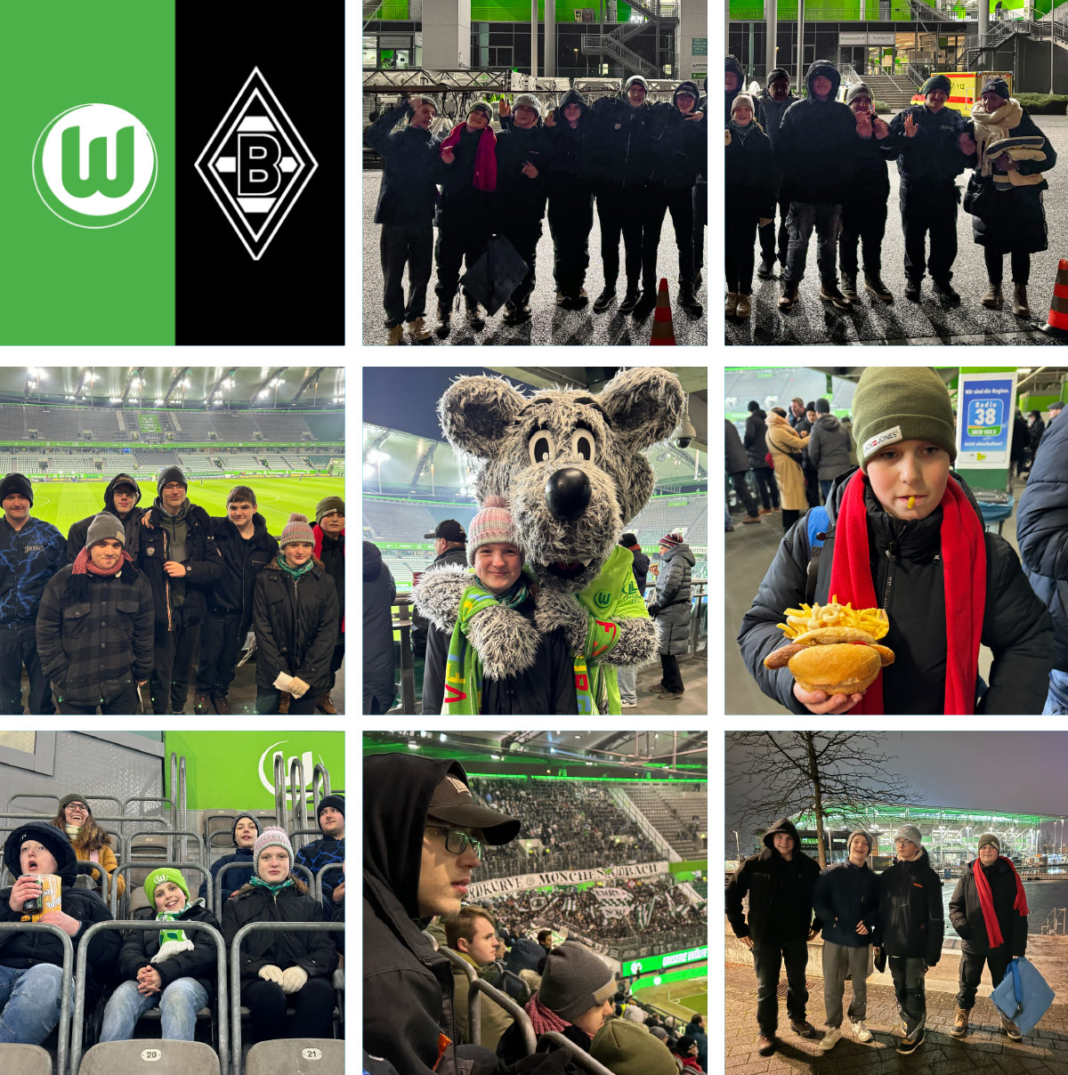 Schueler und Schuelerinnen der Fussball AG vor und im Stadion in Wolfsburg
