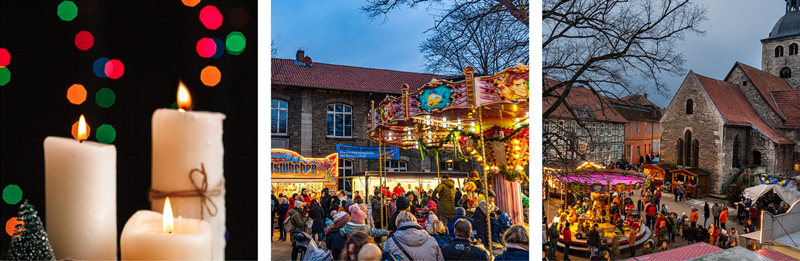 Blick auf den Adventsmarkt auf dem Platz zwischen Wichernschule und Stadtkirche in Koenigslutter.