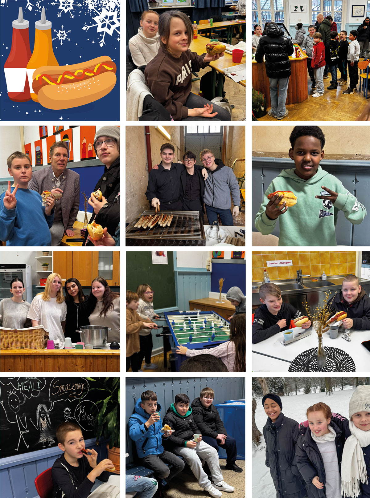 Schuelerinnen und Schueler beim Grillen, Essen, am Kicker und auf dem Schulhof