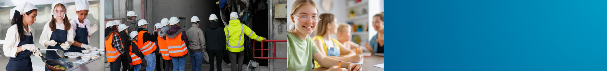 Szenen aus dem Hauptschulunterricht: Mensa, Industrieanlage, Klassenraum