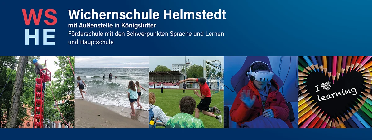 Links: Ein Sch&uuml;ler klettert auf einen Turm aus Kisten; Mitte links: Sch&uuml;ler und Sch&uuml;lerinnen am Strand auf Klassenfahrt; Mitte rechts: Sportfest auf dem Sportplatz, rechts: Sch&uuml;lerin mit VR-Brille.