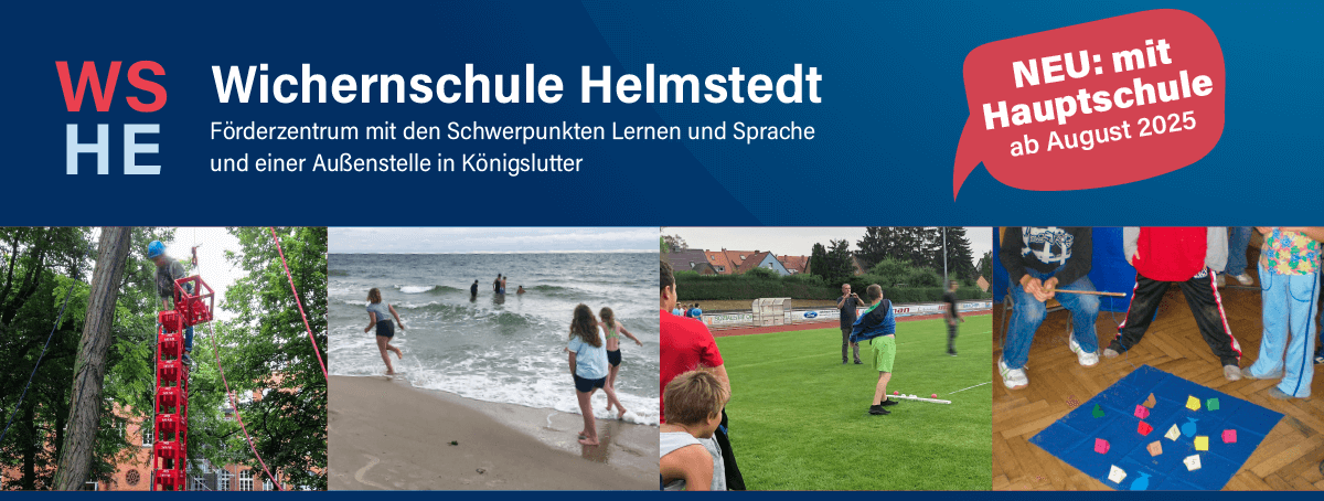 Links: Ein Schüler klettert auf einen Turm aus Kisten; Mitte links: Schüler und Schülerinnen am Strand auf Klassenfahrt; Mitte rechts: Sportfest auf dem Sportplatz, rechts: Schüler und Schülerinnen beim Spielen im Klassenraum .