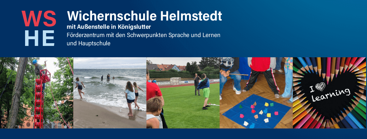 Links: Ein Schüler klettert auf einen Turm aus Kisten; Mitte links: Schüler und Schülerinnen am Strand auf Klassenfahrt; Mitte rechts: Sportfest auf dem Sportplatz, rechts: Schüler und Schülerinnen beim Spielen im Klassenraum.